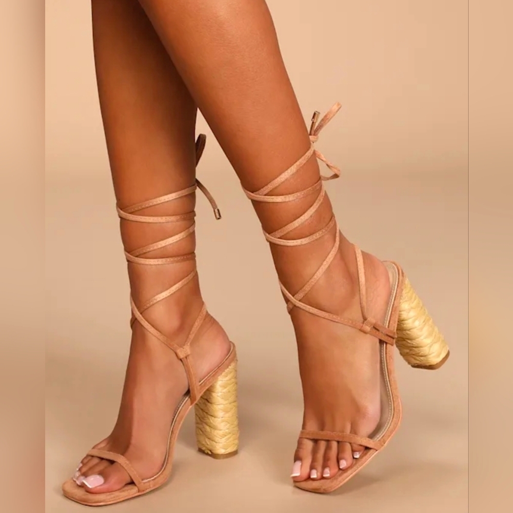 Lulus Cordell Light Nude Suede Espadrille High Heeled Lace Up Sandals, Size 11